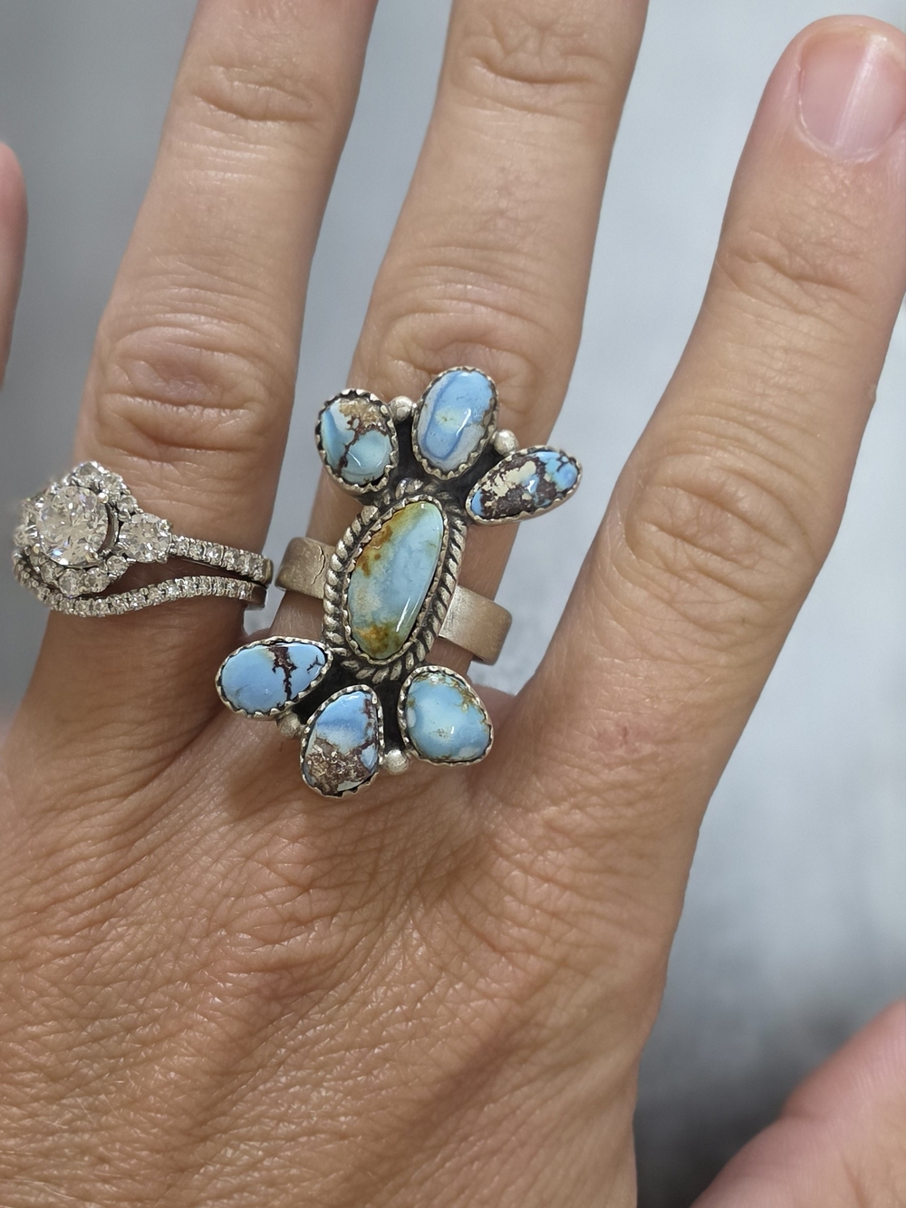 Handcrafted Golden Hills Turquoise Cluster Sterling Ring - Adjustable